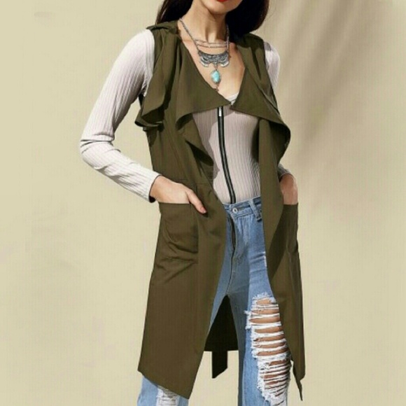 New! Vest Green Vest Trench Green Olive - Picture 3 of 8